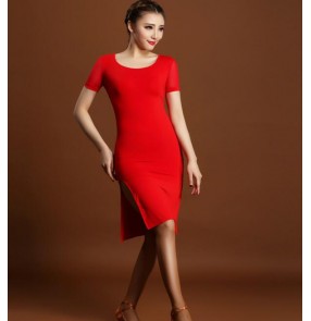 Black red short sleeves side split competition stage performance women's competition latin salsa cha cha dance dresses